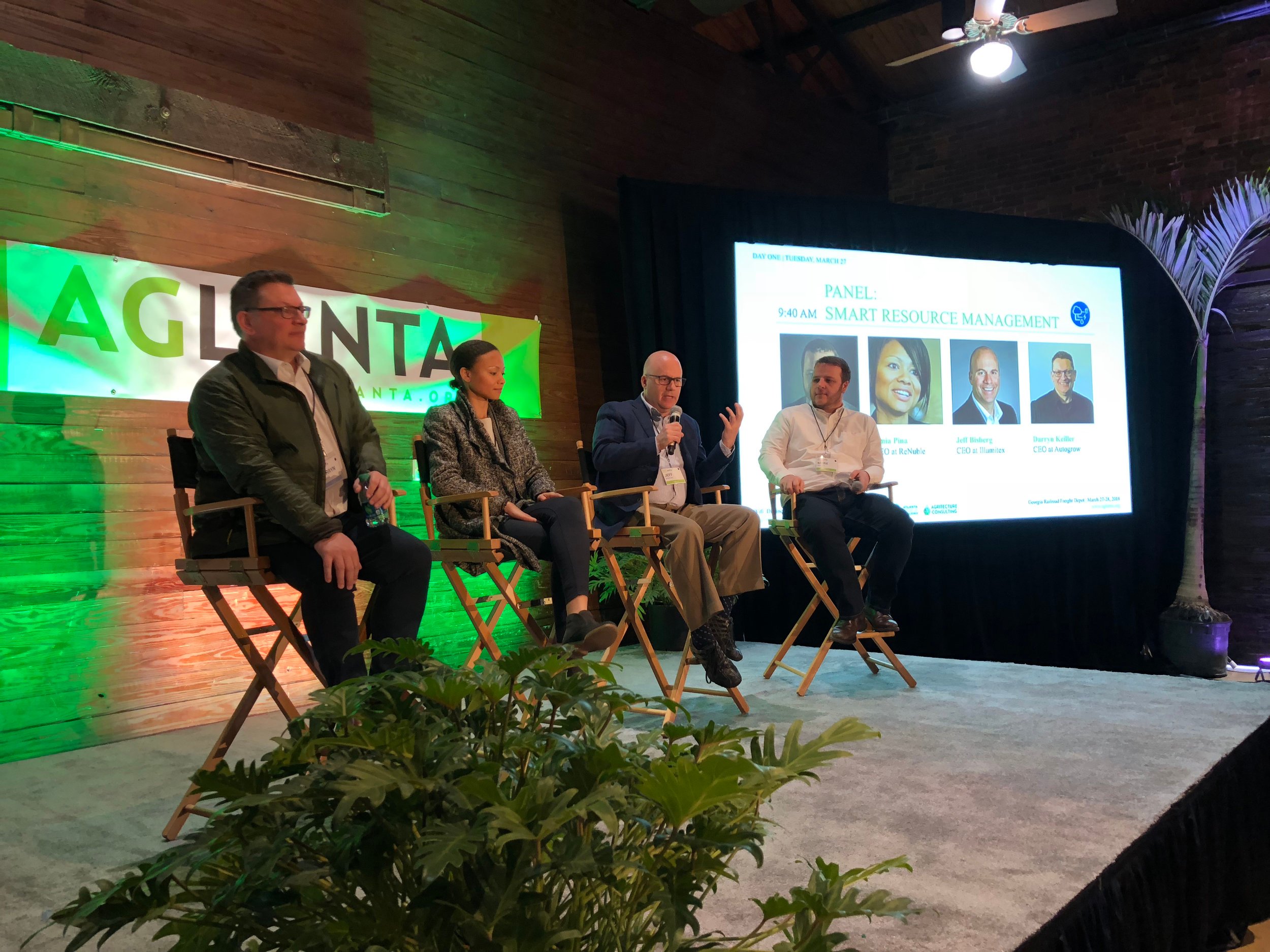 The "Smart Resource Management" panel sets the stage on Day 1 of AgLanta 2018, discussing how urban farms can produce more while using and wasting less.